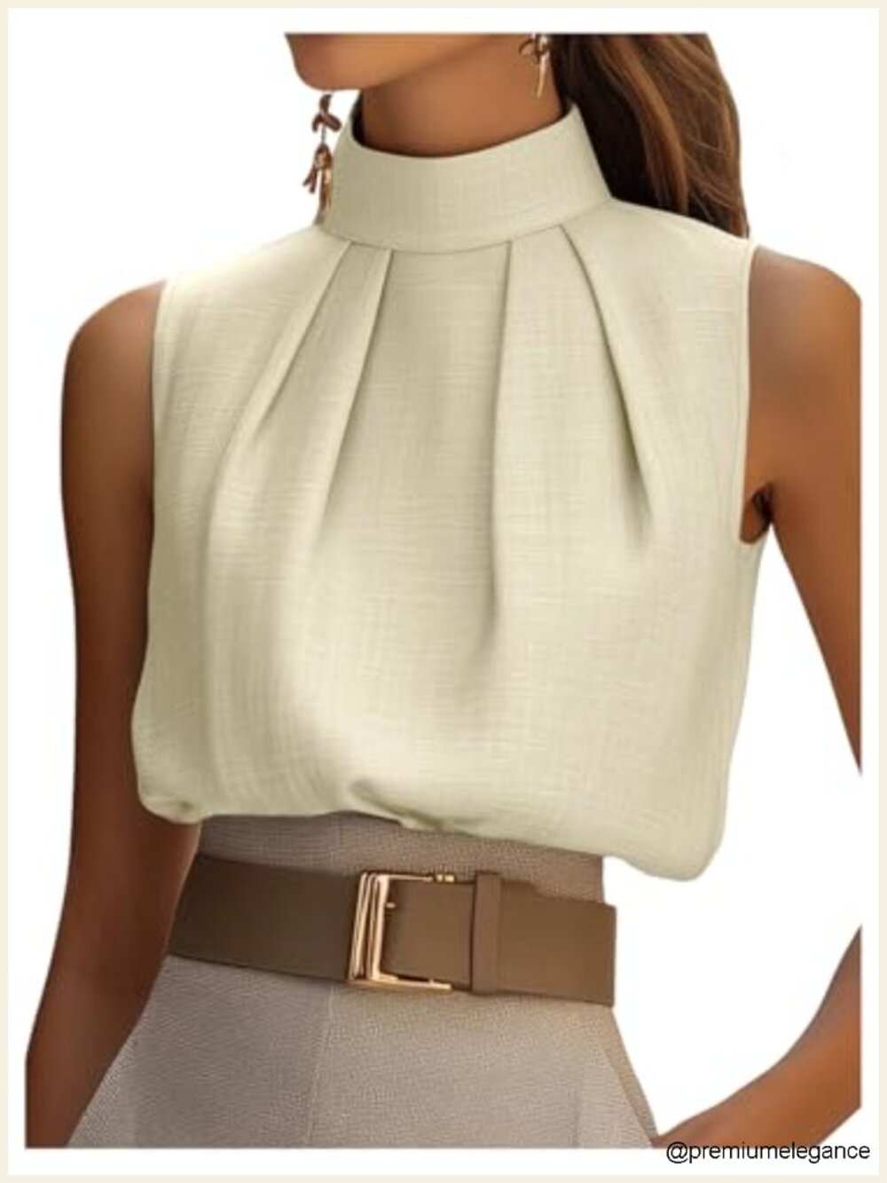 Sleeveless Pleated Mock Neck Blouse Dressy Work Top